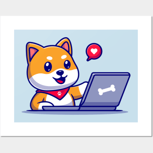 Cute Shiba Inu Dog Working On Laptop Cartoon Posters and Art